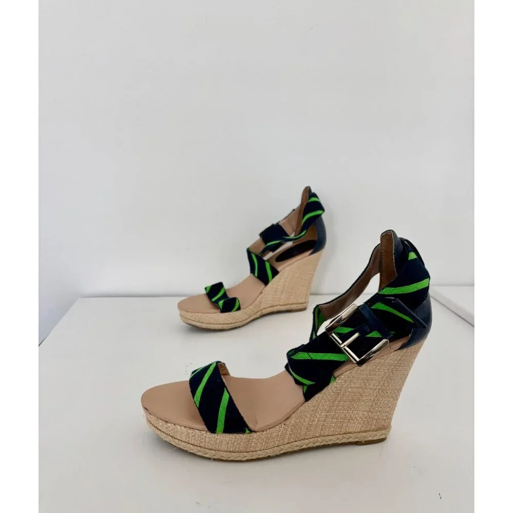 Tommy Hilfiger Sandals 10 Wedge Navy Green Striped Espadrille Preppy Nautical - Picture 1 of 16